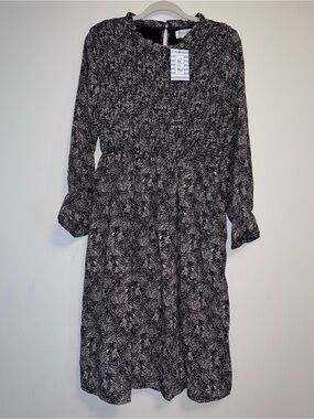 Tulip B Black & Beige Printed Midi Dress with Long Sleeves Modest